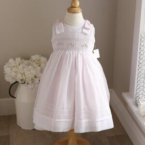 White Smocked Dress Pearls Pink Trim Flower Girl Special Occasion Size 2T LOVELY
